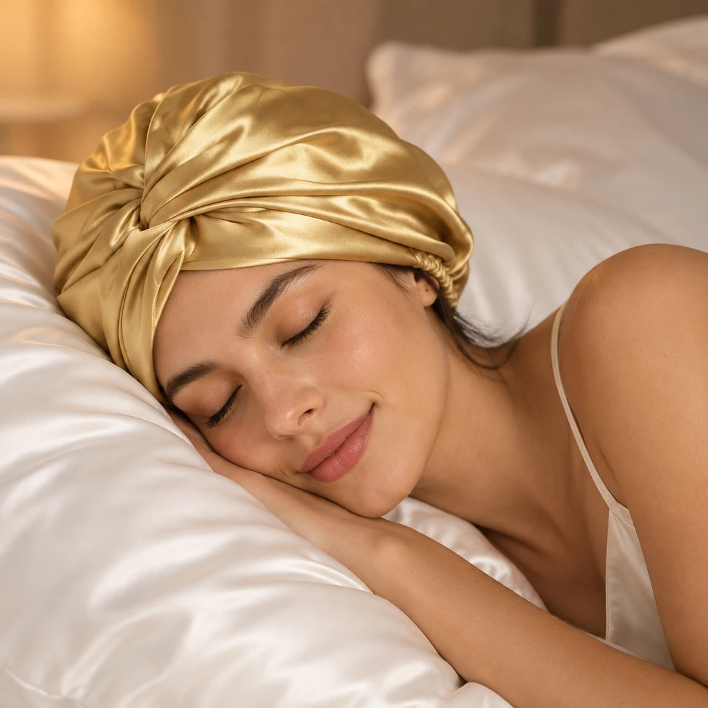 Standard Mulberry Silk Bonnet - Warm Gold - Serene bedtime sleep comfort photograph